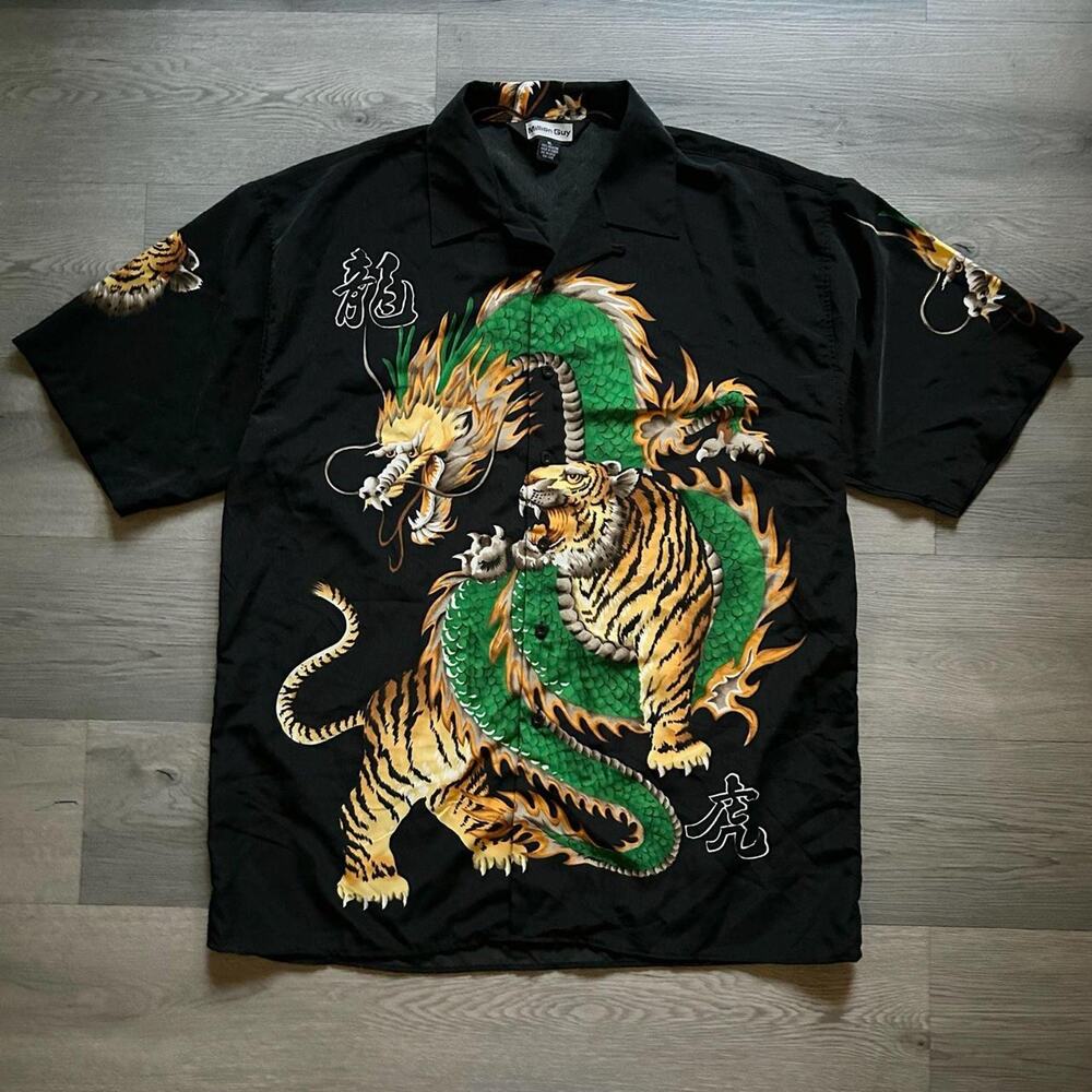 Vintage y2k Million Guy Dragon and Tiger Graphic Black Button-Up Shirt XL